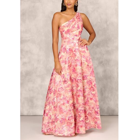 Aidan Mattox Red Multi Printed Jacquard One Shoulder Ball Gown Size 10 - Picture 1 of 12